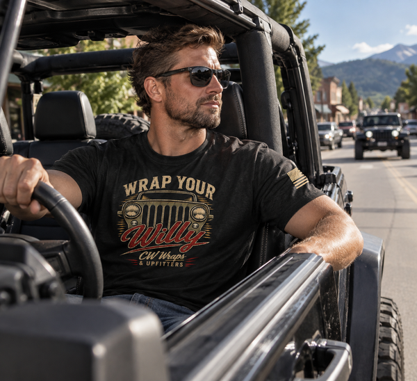 Wrap Your Willy Box Tee worn in a lifestyle photo