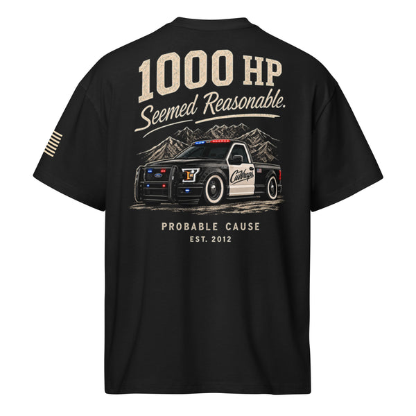 Probable Cause - 1000HP Seemed Reasonable Tee — Black boxy tee, back view