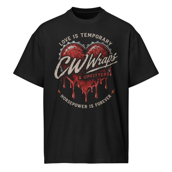 Love is Temporary Tee — Black boxy tee, front view