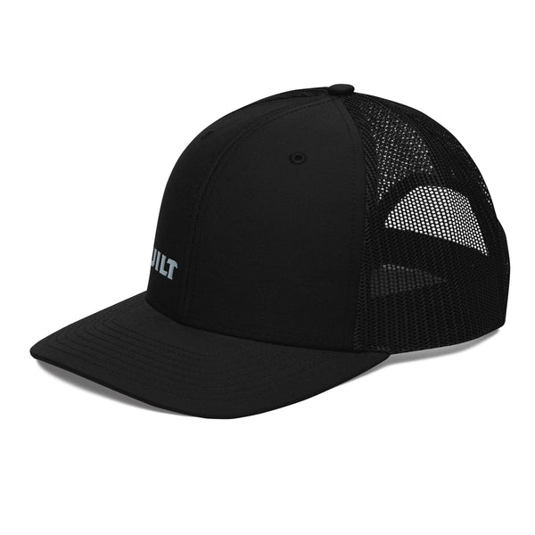 CW Built Trucker Cap — Black snapback trucker cap, left front view