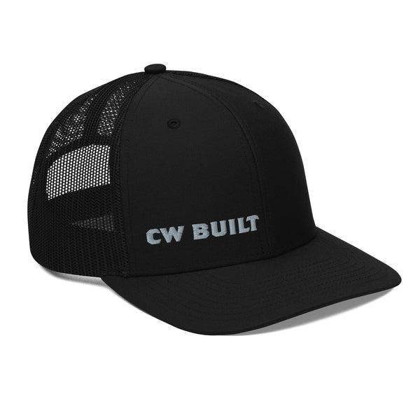 CW Built Trucker Cap — Black snapback trucker cap, right front view