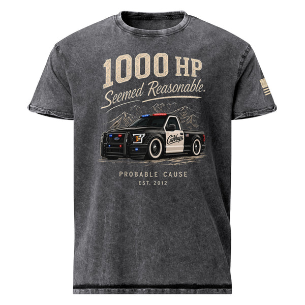 Probable Cause - 1000HP Seemed Reasonable Denim Tee — Black denim t-shirt