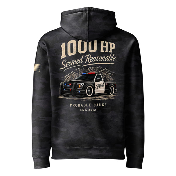 Probable Cause - 1000HP Seemed Reasonable Hoodie — Black Camo fleece-lined hoodie, back view
