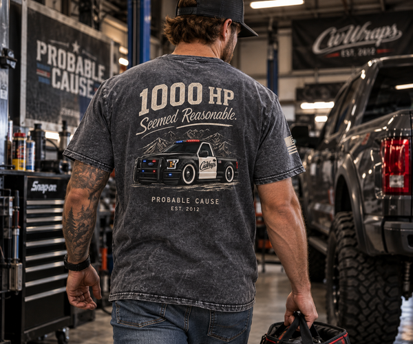 Probable Cause - 1000HP Seemed Reasonable Denim Tee worn in a lifestyle photo