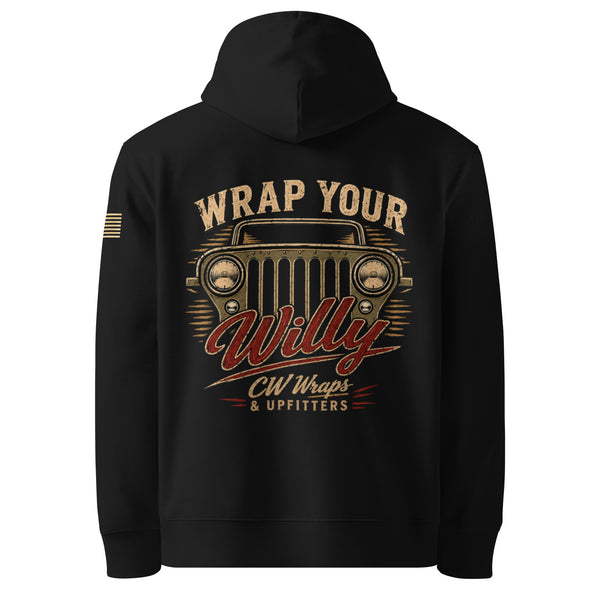 Wrap Your Willy Hoodie — Black hoodie, back view