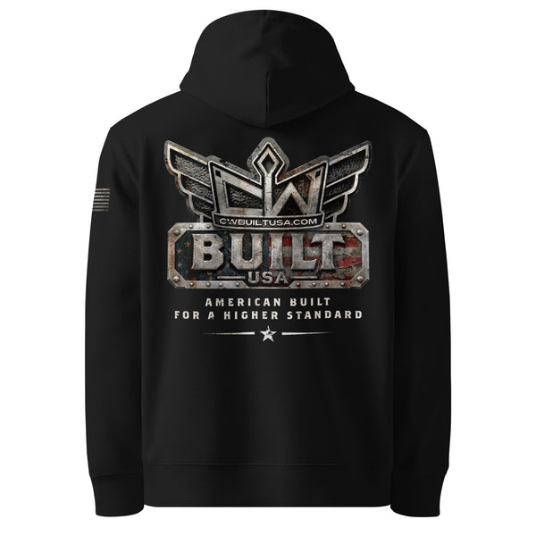CW Built Hoodie — Black hoodie, back view