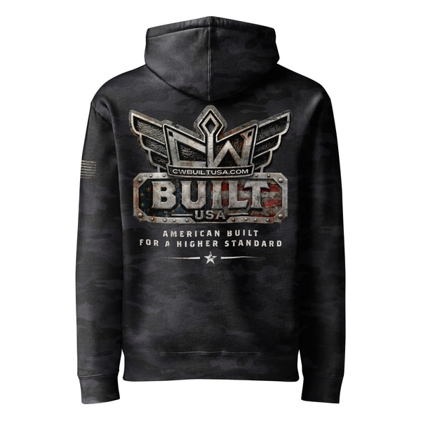 CW Built Fleece Lined Hoodie — Black Camo fleece-lined hoodie, back view